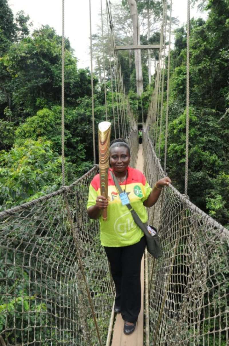 The Queens Baton 2010 Delhi is carefully relayed throughout the rooftop canopy of the Kakum National Park in Ghana on 17 December 2009.
