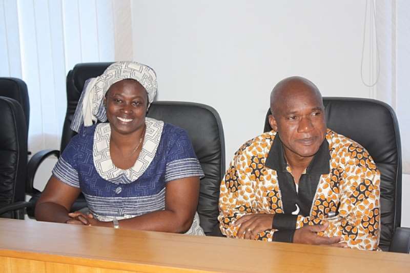 DR. JAMES K. ADOMAKO, DEAN OF STUDENT AFFAIRS AND MRS. CHRISTINE BANING, HEAD OF STUDENT FINANCIAL AID OFFICE LISTENING TO THE ACTOR