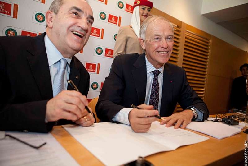 Jean Gachassin, President Of The French Federation Of Tennis (Left) During A Press And Tim Clark, President Emirates Airline (Right) Signing The Agreement For Emirates Five Year Sponsorship Of Roland Garros Tournament In Paris