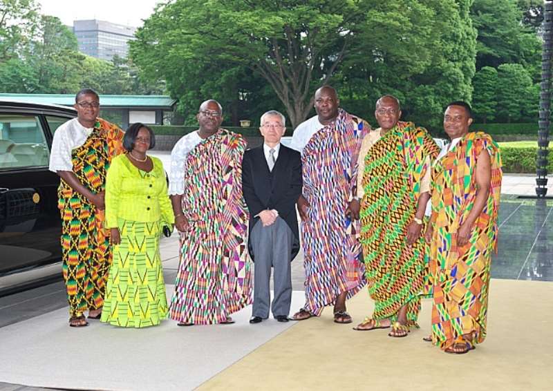 His Excellency the Ambassador, 3rd from left and on his left, the Grand Master of Ceremonies at the Imperial Household of Japan.Officials of the Embassy namely: (L-R) Mr. Godfred M. Habadah, Second Secretary, Finance & Protocol, Ms. Aureol M.Fiscian, First Secretary/Administration, Mr. Bonaventure Adjavor, Minister-Counsellor/Political & Head of Chancery, Mr. Ezekiel G.K. Totime, Minister-Counsellor/Consular Affairs and Mr. Kwame Poku Ampomah, Minister-Counsellor/Treasury.