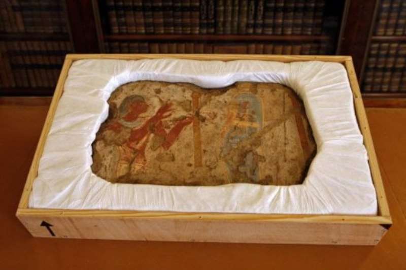 One of five fragments cut from a wall painting in the ancient Egyptian tomb of Tetiky and   later returned by France to Egypt.