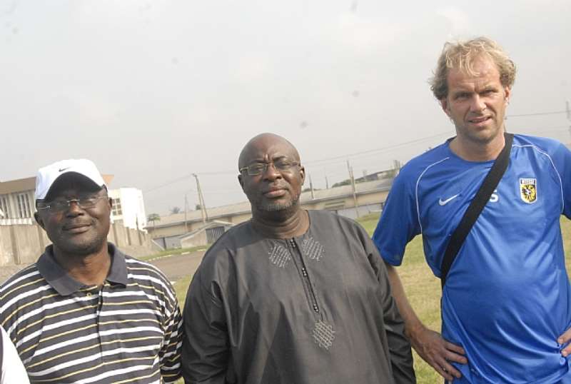 L-R: Godwin Dudu-Orumen, Rector,Cowbell Football Academy, Barrister Seyi Akinwumi, Chairman Lagos Football Association and Harrald Stelder at the on-going training of 60 coaches and 400 youth footballers by Dutch youth football coaches at the National Stadium Surulere Lagos on Monday.