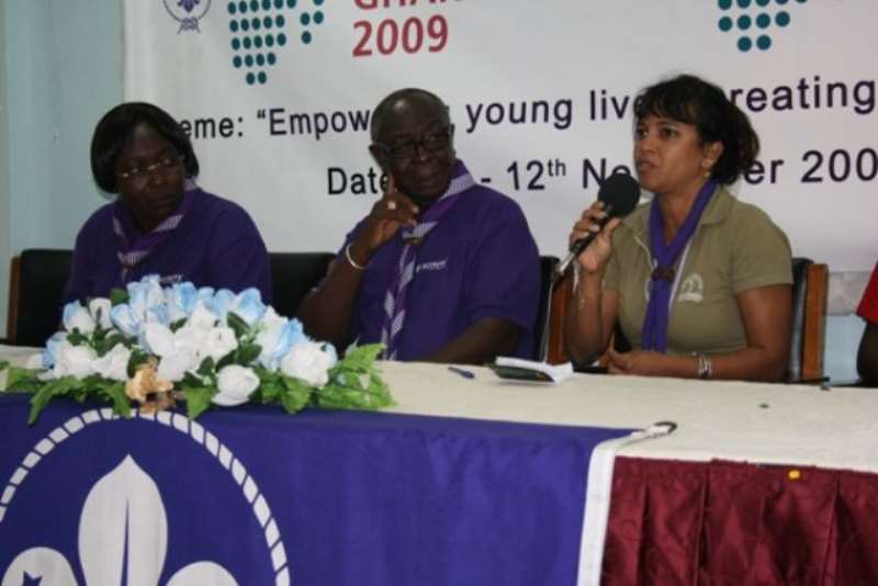 Mrs Elzette Balgobin, (right) African Regional Officer contributing to questions from the Journalists in Accra. Looking on are Isaac Newton Addy, (middle) Chief Commissioner of the African Scout Conference and Ms Jemima Nartey, (left) Deputy Chief Commissioner and Member of Africa Scout Committee.