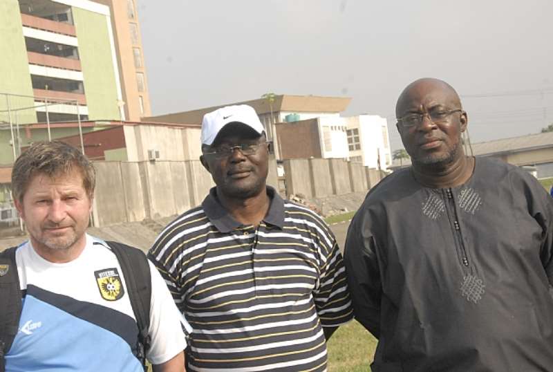 L-R: Mark Van Zon, Dutch Coach; Godwin Dudu-Orumen, Rector, Cowbell Football Academy and Barrister Seyi Akinwumi, Chairman Lagos Football Association at the on-going training of 60 coaches and 400 youth footballers by Dutch youth football coaches at the National Stadium Surulere Lagos on Monday.