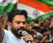 This file photo shows Cockroach Janta Party (CJP) founder Abhijeet Dipke addressing supporters during a protest over alleged voter-roll irregularities in Mumbai on October 2, 2026. -  Indranil Mukherjee, AFP