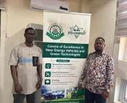 Dr. James Adu Ansere (left), Co-Investigator, and Engr. Dr. Samuel Jonas Yeboah (right), Principal Investigator, beside the Centres official banner at Sunyani Technical University.