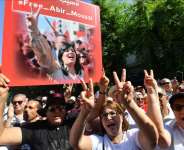 Supporters of Abir Moussi, the president of the Free Destourian Party, demand her release during a demonstration organised in Tunis in October 2023 File: Fethi Belaid/AFP