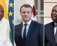 Guineas Alpha Conde (left), French President Emmanuel Macron (Middle), and Ivory Coasts Alassane Ouattara (right)