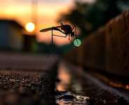 Female Anopheles mosquito at a typical breeding site (AI generated image)