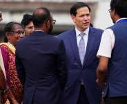 US Secretary of State Marco Rubio speaks to Indian officials before boarding his plane to New Delhi at Netaji Subhash Chandra Bose International Airport in Kolkata, India, May 23, 2026. -  Julia Demaree Nikhinson, Reuters