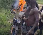 Galamseyer breaks down in tears after NAIMOS officials burn motorcycle during operation