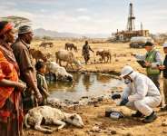 Kenyan pastoralist families and livestock near a contaminated water source, with environmental inspectors examining the land