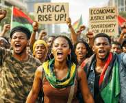 An image of modern African youth protesting for sovereignty and economic protection in a rapidly changing continent.
