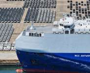 Chinese-made cars being loaded on to a European freight ship for export at a port in Yantai, in Chinas eastern Shandong province, on 11 June 2026. - AFP