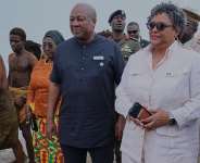 Ghanas President John Dramani Mahama (L), Barbados Prime Minister Mia Amor Mottley (C) and Ghanaian Foreign Minister Samuel Okudzeto Ablakwa (R) arrive at Osu Castle in Accra for a ceremony commemorating the abolition of slavery, 19 June 2026. -  AP Photo/Reuben Ekow Quansah