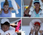 Tennis players Camila Giorgi of Italy (top L), Maria Sharapova of Russia (top R), Kei Nishikori of Japan (bottom L) and Alize Cornet of France (bottom R) use ice-packed towels to cool off at the 2014 Australian Open. - REUTERS/Bobby Yip/David Gray/Petar