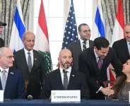 US Secretary of State Marco Rubio shakes hands with Lebanese Ambassador to the US Nada Hamadeh as Israeli Ambassador to the US Yechiel Leiter and State Department Chief of Staff Daniel Holler look on during a signing ceremony at the US Department of State in Washington, DC, on June 26, 2026. -  Saul Loeb, AFP