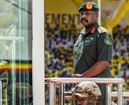 Muhoozi Kainerugaba, son of President Yoweri Museveni and Ugandas Chief of Defence Forces, inspects a military parade at the Kololo Ceremonial Grounds in Kampala on 12 May, 2026. - AFP - BADRU KATUMBA