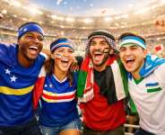 An image capturing four football fans from Cura&ccedil;ao, Cape Verde, Jordan, and Uzbekistan together in the stadium.