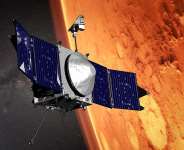 This illustration provided by NASA depicts the MAVEN (Mars Atmosphere and Volatile EvolutioN) spacecraft orbiting the planet Mars - NASA