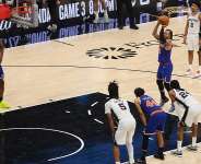New Yorks Jalen Brunson attempts a free throw in the fourth quarter of the Knicks win over San Antonio in game two of the NBA Finals. - Gregory Shamus, Getty Images via AFP