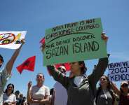 Protestors against a plan to build a luxury seaside resort by a company linked to the Trump family gather in a nature reserve in  Zvrnec, Albania, June 6, 2026. -  Adnan Beci, AFP