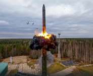 FILE - In this photo taken from video released by Russian Defense Ministry Press Service on Oct. 26, 2022, a Yars intercontinental ballistic missile is test-fired as part of Russias nuclear drills. -  AP
