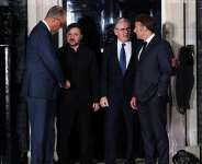 Ukrainian President Volodymyr Zelenskiy (2nd from L) meets German Chancellor Friedrich Merz, British Prime Minister Keir Starmer and French President Emmanuel Macron at 10 Downing Street in London, 7 June 2026. -  Isabel Infantes/Reuters