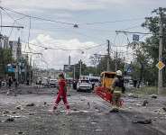 In this photo provided by the Ukrainian Emergency Service, emergency personnel work on the site of a Russian air attack in Sumy, Ukraine, on July 11, 2026. -  Ukrainian Emergency Service via AP