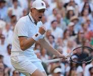 Jannik Sinner of Italy celebrates after winning a point against Alexander Zverev of Germany mens singles final at Wimbledon Tennis Championships in London, Sunday, July 12, 2026. -  Kin Cheung, AP Photo