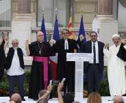 (From L) Venerable Jean-Franois Honin-Rosa, Archpriest Khatchadour Boghossian, Nices bishop Jean Philippe Nault, pastor Paolo Morlachetti, Grand Rabbin Franck Teboul, Spiritual guide of the Sufi order Khaled Bentounes and Archpriest of the Ecumenical Throne Michel Seliniotakis led the interfaith ceremony commemorating the victims of the Bastille Day 2016 attack. - AFP - VALERY HACHE