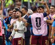 Spains players celebrate after beating France 2-0 in Dallas to reach the final of the 2026 World Cup. - AFP - FRANCK FIFE