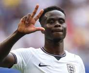 Bukayo Saka scored three goals in Englands 6-4 victory over France. - Getty Images via AFP - LUKE HALES