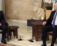 In this photo released by the Lebanese Presidency press office, Lebanese President Joseph Aoun, right, meets with Syrian Foreign Minister Asaad al-Shibani, at the presidential palace in Baabda, east of Beirut, Lebanon, 2 July 2026. -  Lebanese Presidency press office via AP