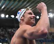 Frances Lon Marchand reacts after winning the 400 meters freestyle during the European Swimming Championships in Saint-Denis, near Paris on August 16, 2026. - Emma Da Silva, AP