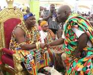 Hon. Agbeve in handshake with Konor of Agortime Traditional Area Nene Nuer Keteku IV at the 2026 Agbamevorza Durbar on Saturday at CEPS School Park