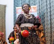 Malian singer, dancer and instrumentalist Mariam Bagayoko dances while performing at the Palais de la Culture in Bamako on 14 August, 2026. - AFP - -