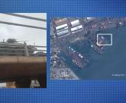 The photo at left, posted on July 23, 2026, shows a convoy of military vehicles driving through the town of Sikasso in Mali. The image at right is a satellite image of the Mikhail Britnev taken on July 12, 2026. -  Facebook, Airbus DS July 2026