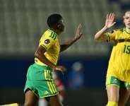 Thembi Kgatlana (left) scored South Africas winner against Burkina Faso, taking the 2022 champions into a final eight clash with hosts Morocco. -  South African Football Association