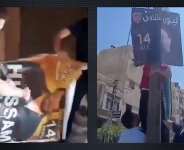 These screenshots were taken from videos published on July 20, 2026, showing men tearing down posters advertising a concert featuring Syrian singer Hossam Jneed in Homs (at left) and Lebanese singer Mohamad Iskandar in Yabroud (at right). The two singers are accused of supporting Bashar al-Assad’s regime. -  Facebook