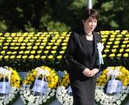 Japanese Prime Minister Sanae Takaichi looks on during a memorial at the Peace Memorial Ceremony, on the 81st anniversary of the dropping of the atomic bomb, at the Peace Memorial Park in Hiroshima on August 6, 2026 -  JIJI PRESS / JIJI Press/AFP