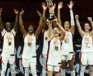 Getty ImagesImage caption: Breanna Stewart lifts the World Cup