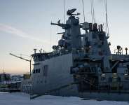 This photograph shows a Danish military frigate docked in the port of Nuuk, Greenland, on February 26, 2026. - Florent Vergnes, AFP