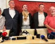 Survivors of abuse by members of French clergy, (L-R) Vronique Garnier, Olivier Mardi, Jrme Guillement, Bertrand Virieux, and Jean-Marie Delbos, during a press conference after their nearly two-hour meeting with Pope Leo in Lourdes, France, 27 September 2026. -  Clotaire Achi/Reuters