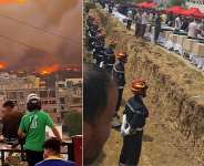 The death toll remains unknown for the wildfires that ripped across the region of Jijel in northeastern Algeria (shown in the image to the left). While the official number given on August 26 was just 12 dead, footage and information from the ground make it seem as if the number could be in the hundreds. A mass burial took place on August 28 in the village of Djemaa Beni Habibi (at right). -  Observers