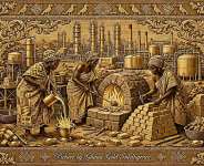 Tapestry in gold depicting traditional Ghanaian gold smelting in front of a modern refinery complex, artistic illustration for editorial use only. Picture by Ghana Gold Intelligence