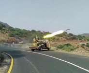A rocket fired by the Riyadh-backed National Resistance Forces at Houthi fighters on the Kadha front, in Yemens western Taiz province. -  AFP