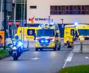 A convoy of ambulances believed to be carrying passengers evacuated from the cruise ship is escorted by Dutch police on motorcycles as it arrives at Leiden University Medical Center.  By Josh Walet (ANP/AFP)