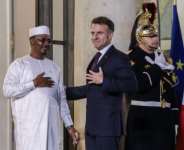 Chads President Mahamat Idriss Deby Itno, left, and French President Emmanuel Macron at the Elysee Palace on Thursday.  By Ludovic MARIN (AFP)