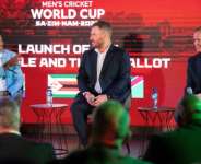 Former cricket greats  West Indies Brian Lara (L), Australian Aaron Finch (C) and South African Shaun Pollock (R) were present for the unveiling of the schedule for the 2027 World Cup.  By RODGER BOSCH (AFP)